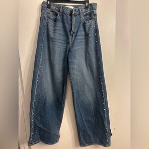 Classic Blue Wide Leg Jeans with Pearl Detailing